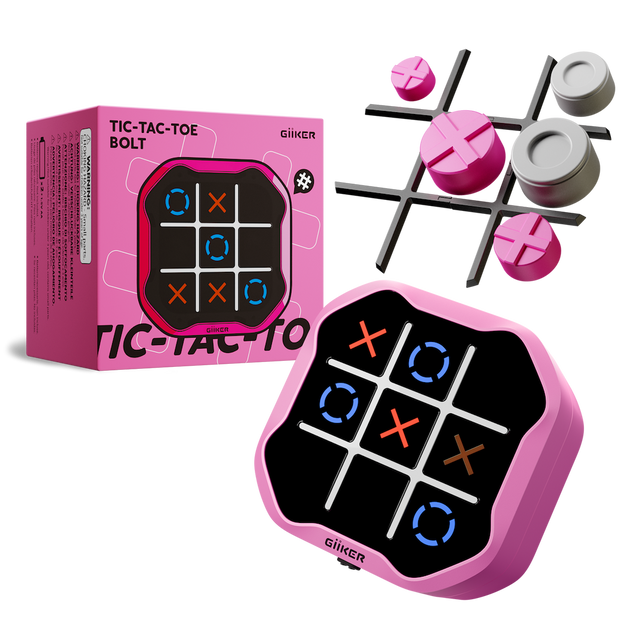 Pink tic-tac-toe game with packaging and pieces on a white background